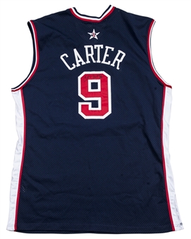 2000 Vince Carter Game Used USA Olympic Blue Jersey Signed By Charles Barkley - Style Matched to Olympics Featuring Dunk Over Frederic Weis (Rockets LOA & JSA)